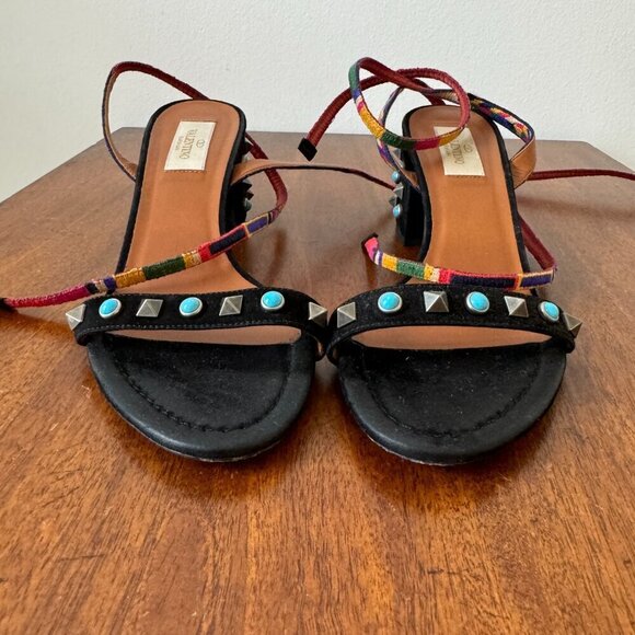 Valentino Rockstud  Multicolored Accents Black Suede Sandals - Picture 5 of 12
